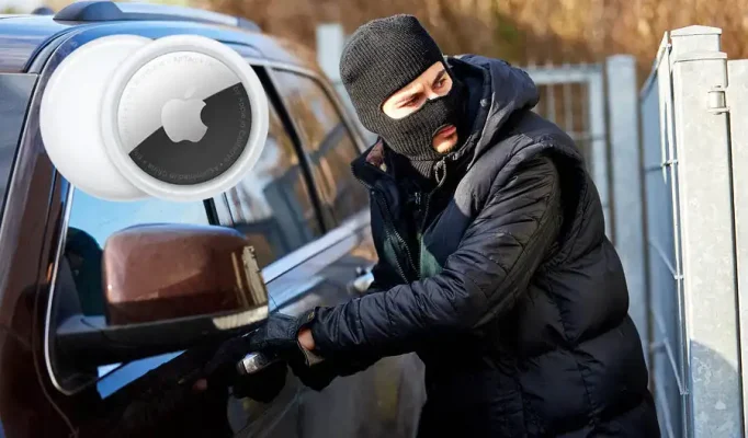 car thieves stealing car using Apple Airtag